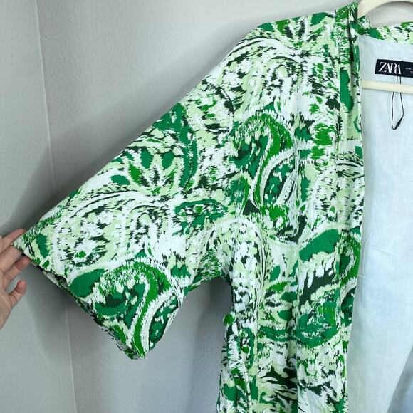 ZARA Linen Blend Green Paisley Print Tie Front Kimono Size Large Beach Resort - Picture 7 of 7